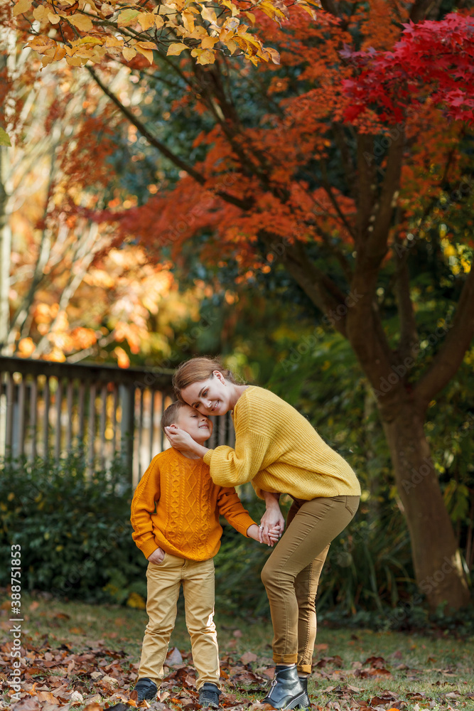 A beautiful young mother and her son are walking in the autumn park. A happy family. A beautiful young mother and her son are walking in the autumn park. A happy family.