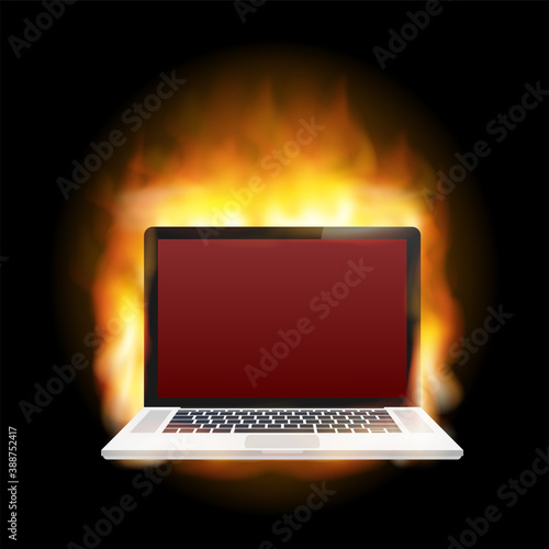 Laptop Damage. Laptop on fire and flames. Computer Repair. Vector stock illustration.