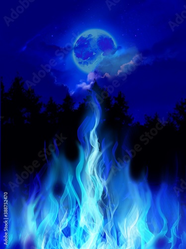 The background of blue fire and creepy moon in the night © NORIMA