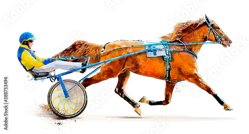 Horse. Equestrian sport. Trotter race. Jockey. Harness racing. Hippodrome. Watercolor painting illustration. Isolated on white background