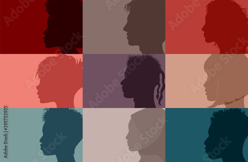 Collage community society diversity multiethnic people. Group side silhouette men and women of diverse culture and different countries. Harmony  friendship integration. Racial equality