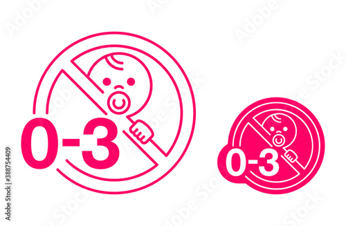 Not suitable for children under 3 years prohibition sign with crossed out baby face and 0-3 - isolated vector packaging information