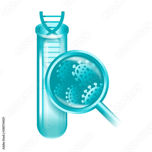 PCR testing icon - test tube and loupe vith viruses behind - polymerase chain reaction - disease prevention and fight against coronavirus pandemic - vector emblem 