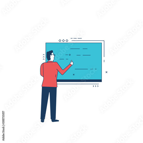 Teacher with chalk and blackboard. Teaching or seminar learning. Classroom and board, class education concept. Line style vector illustration.