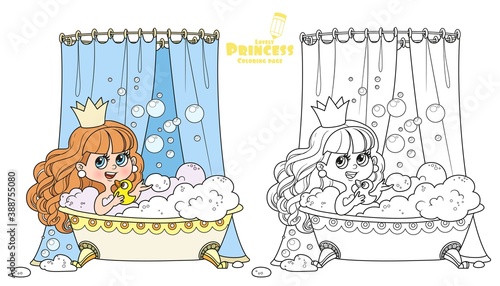 Cute brunette princess taking bath with a duck outlined and color for coloring book