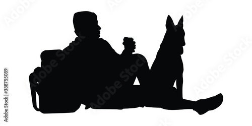 Relaxing man is resting with his dog silhouette vector