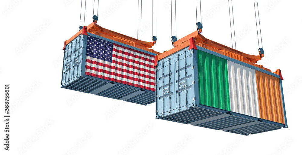 Freight containers with USA and Ireland flags. 3D Rendering