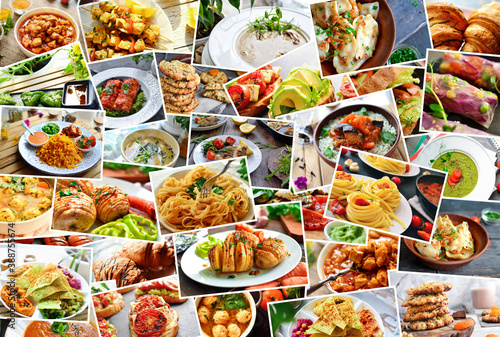 Collage of many popular all over the world breakfasts, lunches and snacks. Collage of different assortment of food.