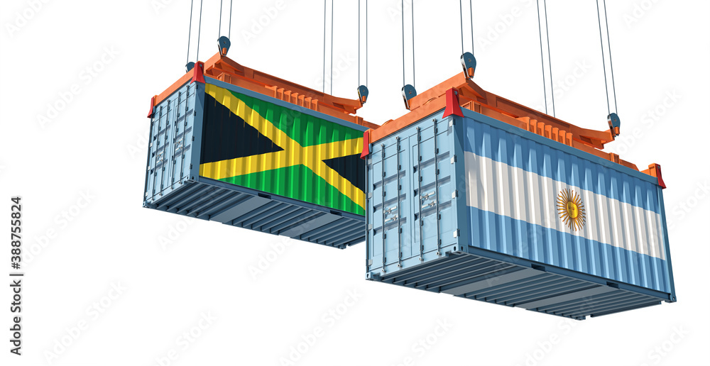 Freight containers with Argentina and Jamaica national flags. 3D Rendering