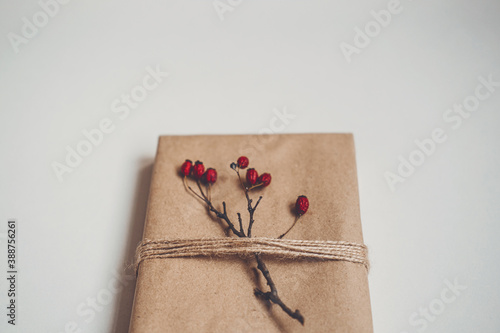 Holiday Gift Ideas. Sustainable Christmas, zero waste gifts, natural xmas decorations. Wrapping Christmas gifts in recycled brown paper. Vintage style Christmas packaging ideas