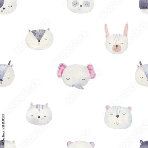 seamless pattern with cute animal faces, elephant, hare, goat, cat, children's watercolor illustration on a white background, children's room decor, print