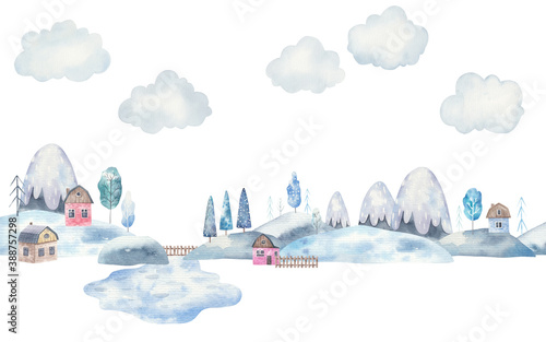 winter landscape, mountains, lake, trees, houses, children's illustration in watercolor on a white background, decor of a children's room, print