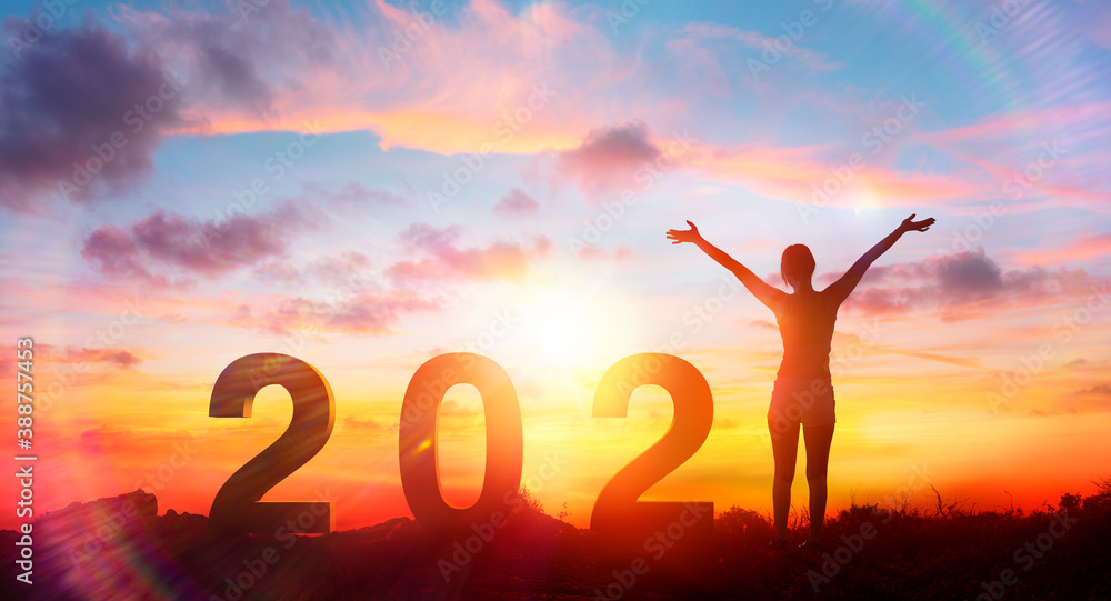 Happy Woman With 2021 Text At Sunrise - Positive New Year - Contain 3d Rendering And Flare Effect Happy Woman With 2021 Text At Sunrise - Positive New Year - Contain 3d Rendering And Flare Effect