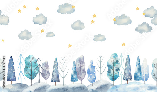 seamless pattern winter landscape, trees, clouds and stars watercolor childrens illustration on a white background, nursery room decor, print