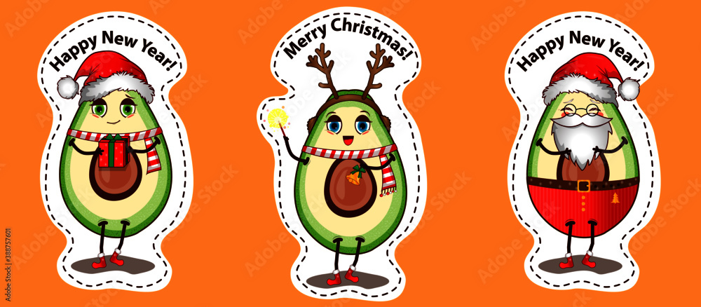 Fototapeta premium Avocado stickers set Merry Christmas and Happy New Year in vector