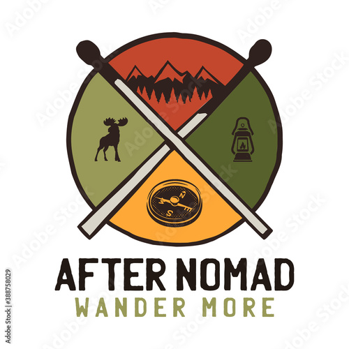 After Nomad wander more logo, retro camping adventure emblem design with mountains and tree. Unusual vintage art retro style sticker. Stock vector art
