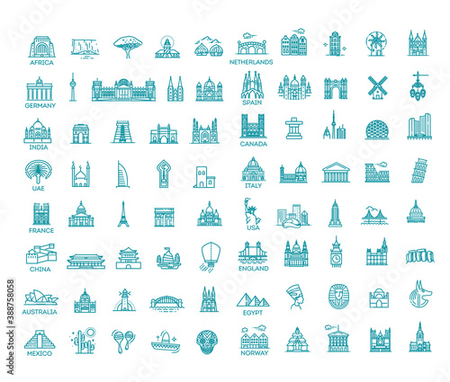 Simple linear Vector icon set representing global tourist landmarks and travel destinations for vacations
