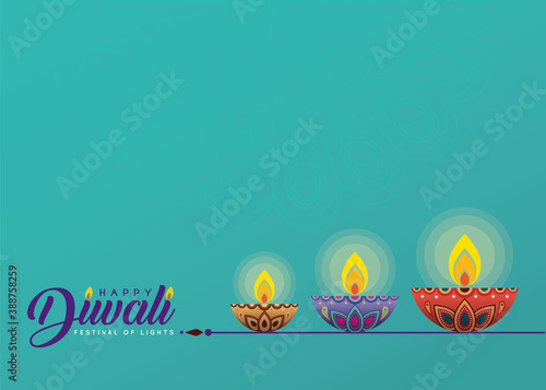 Deepavali or Diwali template or copy space. Beautiful burning diwali diya (india oil lamp) isolated on turquoise background. Festival of Lights celebration vector illustration.
