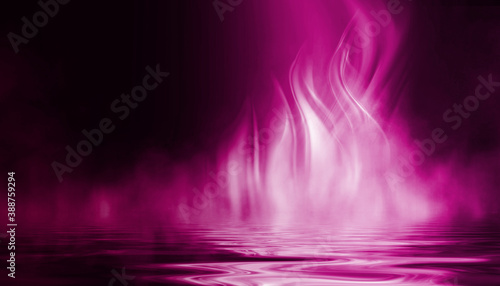 Abstract dark futuristic background. Purple neon beams bounce off the water. Background of empty stage show  beach party. 3d illustration