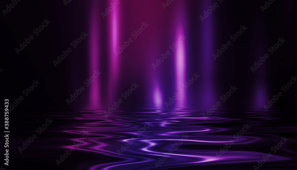 Abstract dark futuristic background. Purple neon beams bounce off the water. Background of empty stage show, beach party. 3d illustration