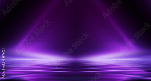 Abstract dark futuristic background. Purple neon beams bounce off the water. Background of empty stage show  beach party. 3d illustration