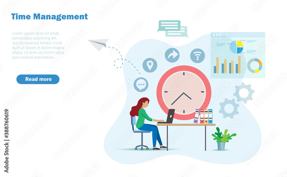 Businesswoman working at desk analysing business strategy and solution at office, with clock and business icons background. Idea for time management concept. 