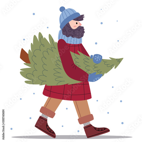 A bearded man in winter clothes carries a Christmas tree. Winter fashion. Cozy mood. Illustration for children's book. Cute Poster.Simple illustration.
Scandinavian style.Minimalism. Nature.