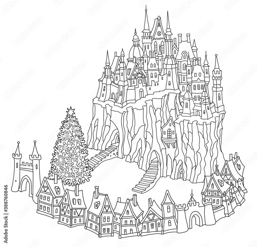 Fantasy Black and white urban landscape. Fairy tale medieval castle with Christmas tree on small town street. New Year greeting card, T-shirt print. Adults and children coloring book page 