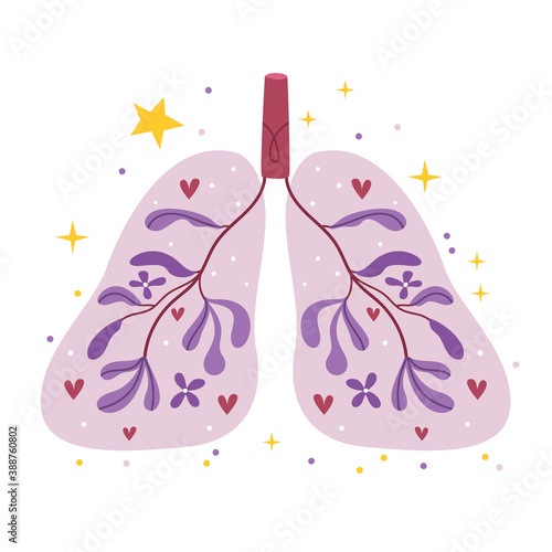 The concept of healthy lungs.On the background of the lungs grow purple flowers.Cute Poster.Simple illustration.