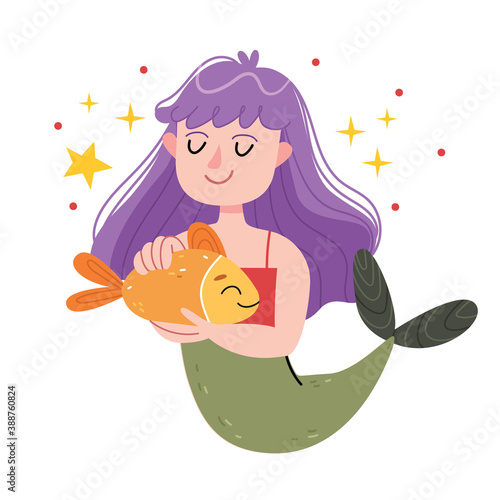 A mermaid with a purple hair hugs a fish. Underwater world, fairy tale, kid illustration. Illustration for children's book. Cute Poster. Siren. Sea theme.
