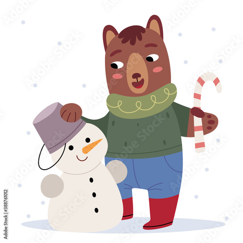 A teddy bear in winter clothes sculpts a snowman. Winter mood. Illustration for children's book. Cute Poster.