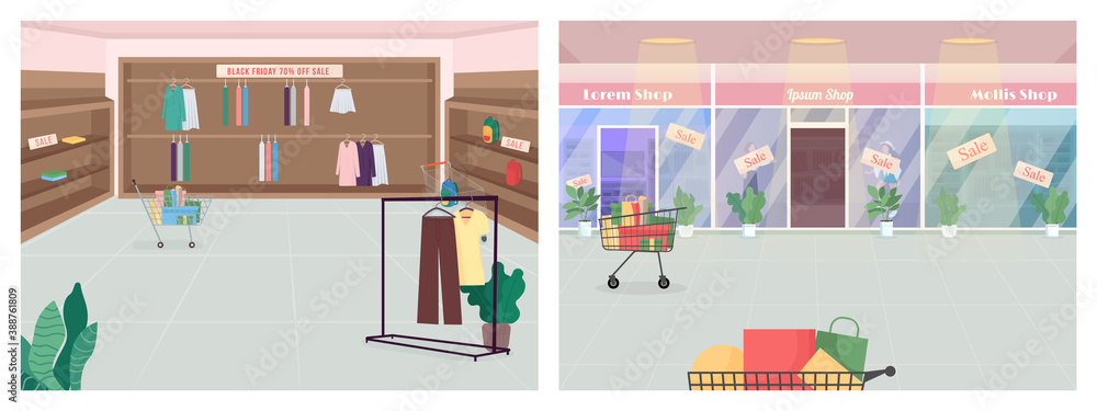 Black friday in stores flat color vector illustration set. Shopping spree. Seasonal sale. Clothes boutique. Consumerism and commerce. Shop 2D cartoon interior with empty mall on background collection