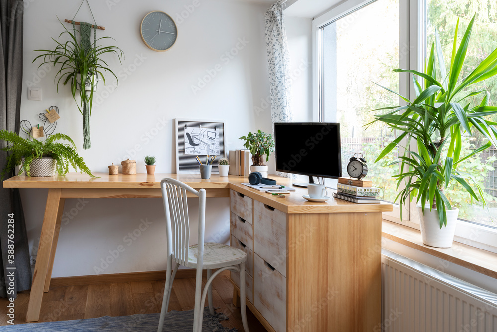 Interior of office room during home office with computer and blank ...