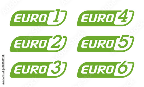 European emission standards stickers set - EURO 1, euro 2, 3, 4, 5 and 6 - acceptable limits for exhaust emissions of new vehicles sold in the European Union and EEA member states