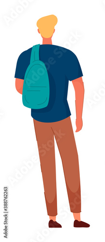 Young man with backpack standing backside isolated on white