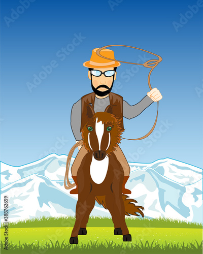 Nature and man cowpuncher with lasso on horse