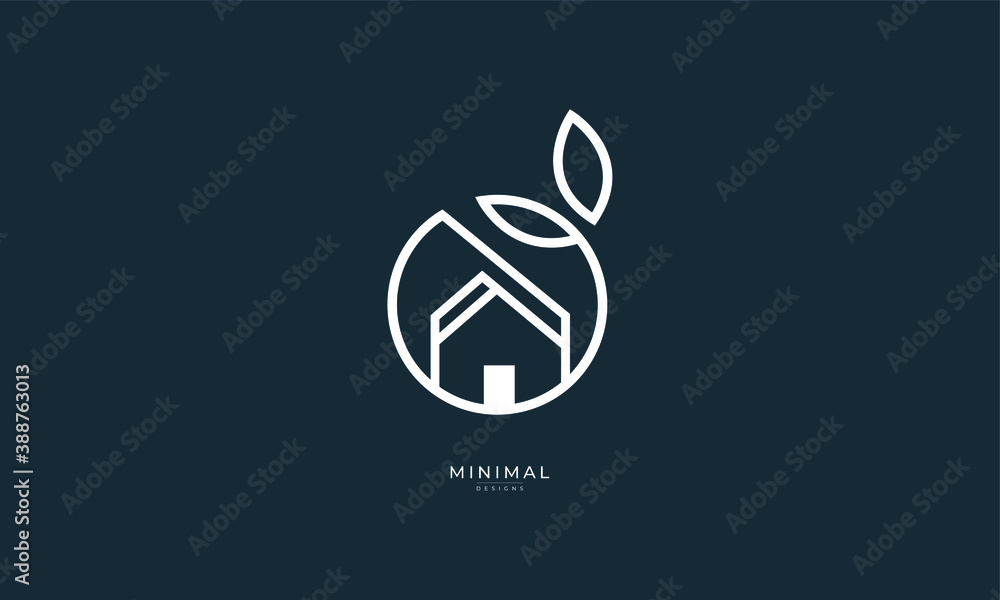 A line art icon logo of a house/home with a leaf circle A line art icon logo of a house/home with a leaf circle