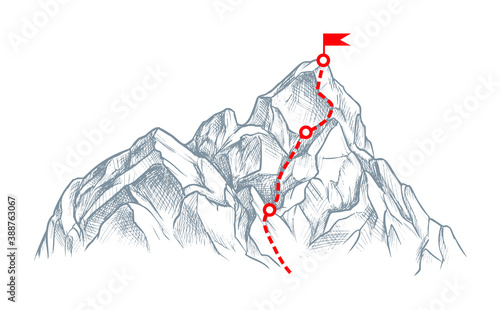 Mountain sketch with rout to top isolated on white background