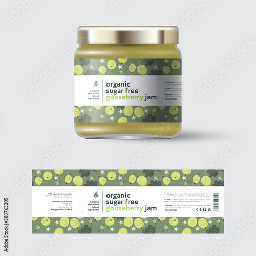 Gooseberry Jam label and packaging. Jar with cap with label. White strip with text and on seamless pattern with berries, flowers and leaves.