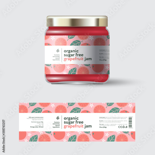 Grapefruit jam label and packaging. Jar with cap with label. White strip with text and on seamless pattern with fruits, flowers and leaves.