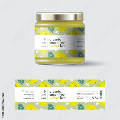 Lemon jam label and packaging. Jar with cap with label. White strip with text and on seamless pattern with fruits, flowers and leaves.