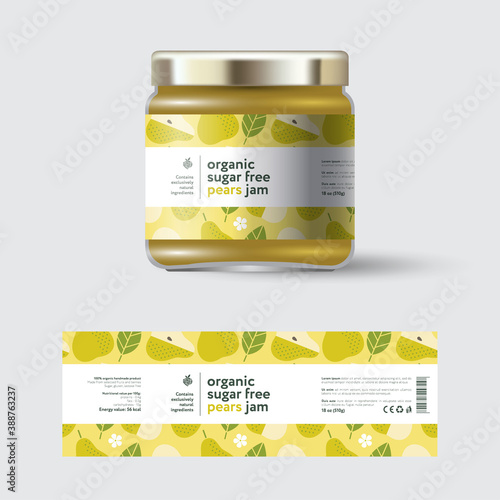 Pear jam label and packaging. Jar with cap with label. White strip with text and on seamless pattern with fruits, flowers and leaves.