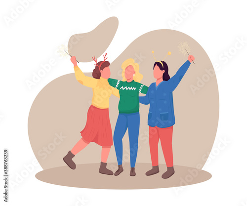 Girls celebrate Christmas flat color vector faceless character. Woman at Xmas night. New Year event. Festive party isolated cartoon illustration for web graphic design and animation