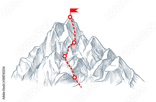 Goal rout to peak through mountain hard way isolated sketch