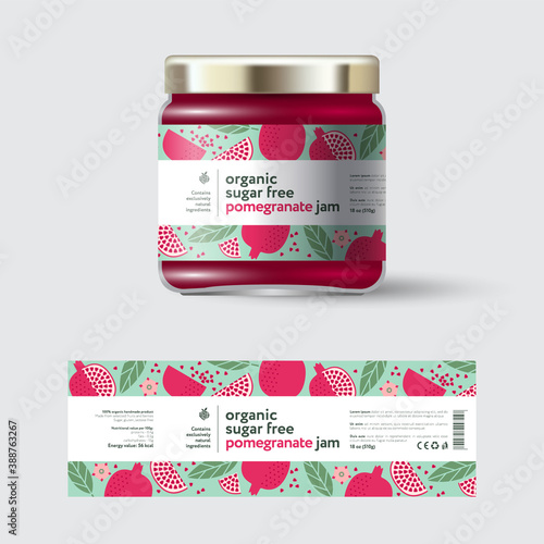 Pomegranate jam label and packaging. Jar with cap with label. White strip with text and on seamless pattern with fruits, flowers and leaves.