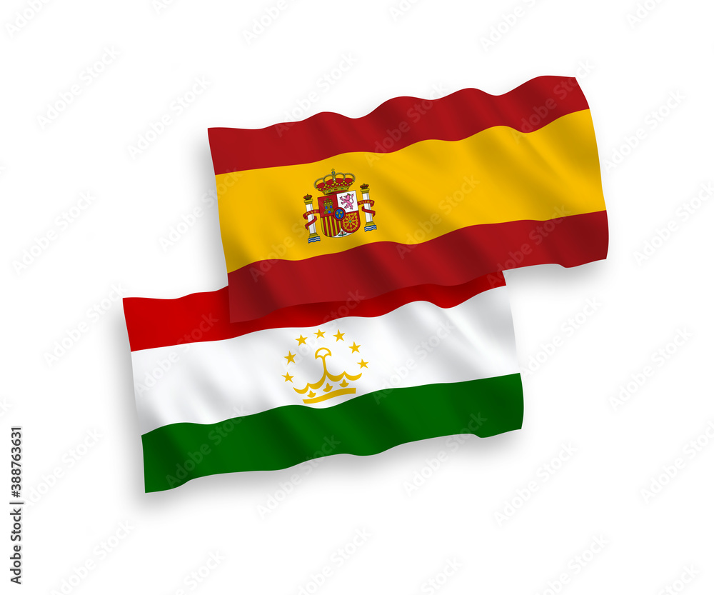 Flags of Tajikistan and Spain on a white background