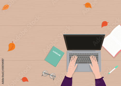 Vector illustration in flat cartoon style of hands, laptop top view and place for text. For poster, design of page site, web and advertising banner, article, card or flyer, promotion, mailing.