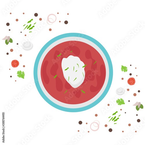 bowl of borscht garnished with dill and a dollop of smetana concept vector Icon Design, National Dish of Ukraine Sign,Traditional cuisine Symbol, Gourmet food cooking & restaurant menu with ingredient