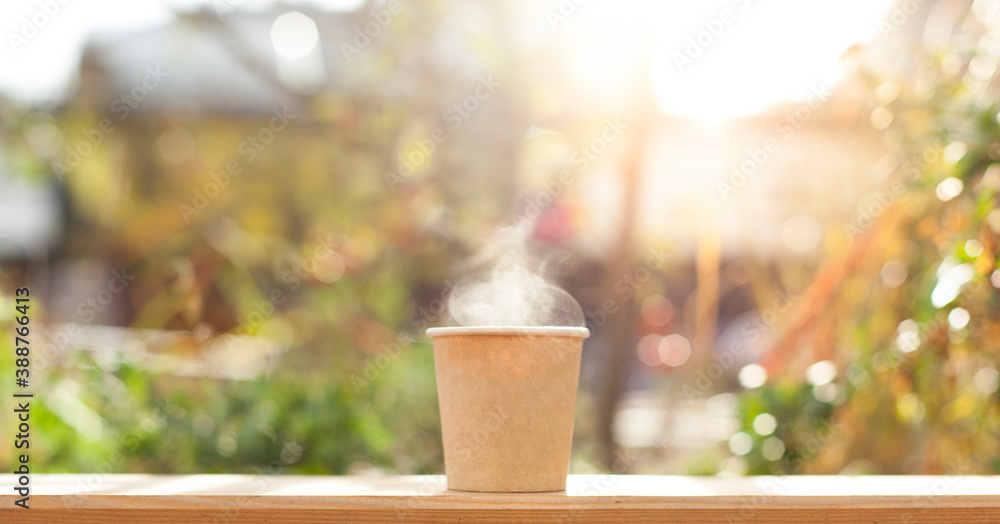 Cardboard cup with hot coffee on the green terrace.
Kartonbecher mit heißem Kaffee auf der grünen Terrasse.