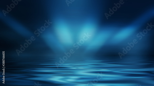 Abstract dark futuristic background. Blue rays of neon light reflect off the water. Background of empty stage show, beach party. 3d illustration